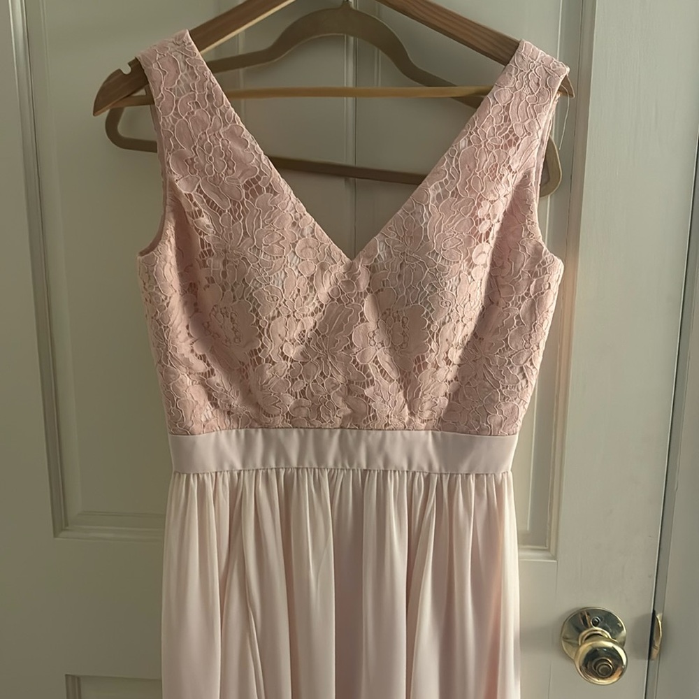 Blush pink wedding, and bridesmaids dress